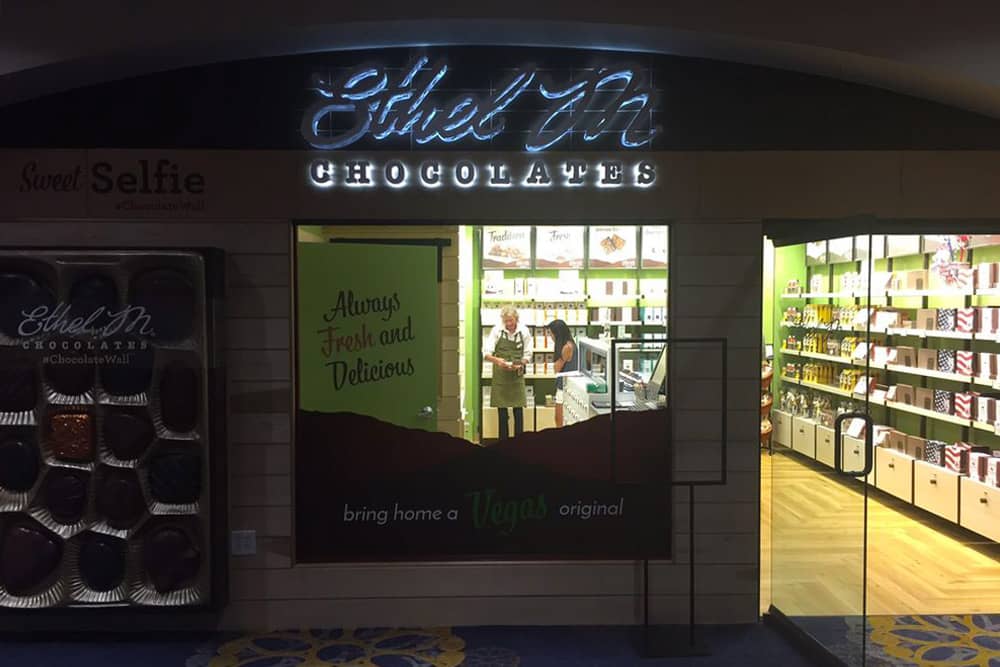 The outside storefront of Ethel M Chocolates, one of the top free things to do in Las Vegas for families.
