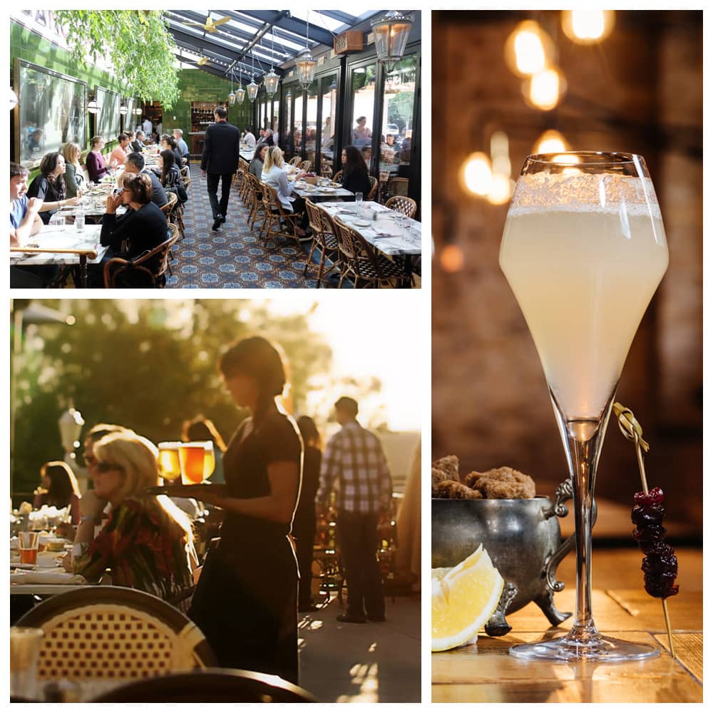 Elegant French 75 cocktails, the dining room at Le Diplomate in Washington, D.C., and the patio at sunset in Agoura Hills, California