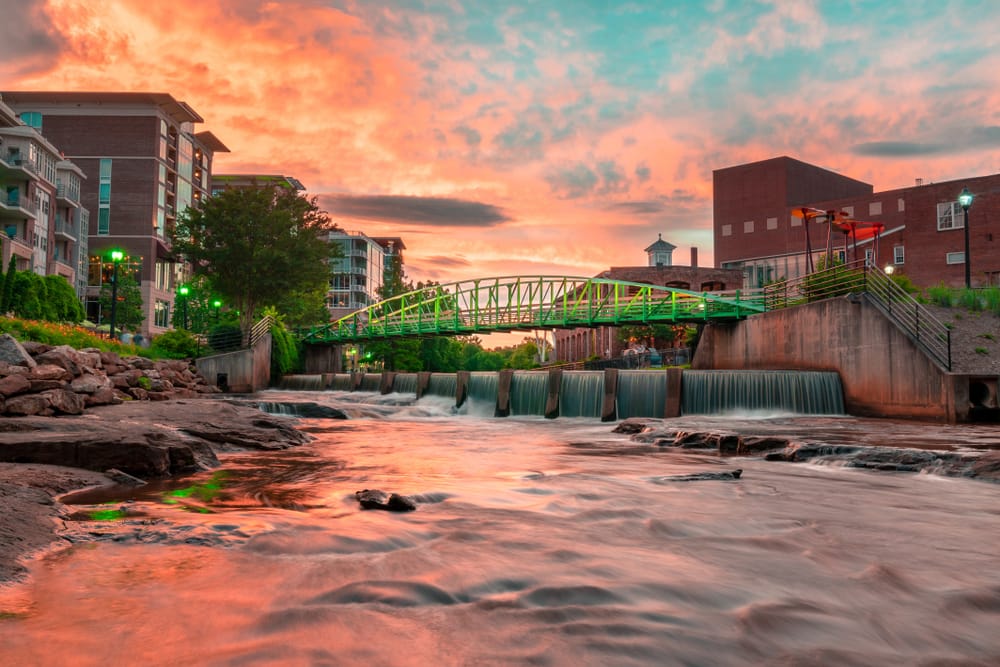 sunset on the river running through greenville south carolina