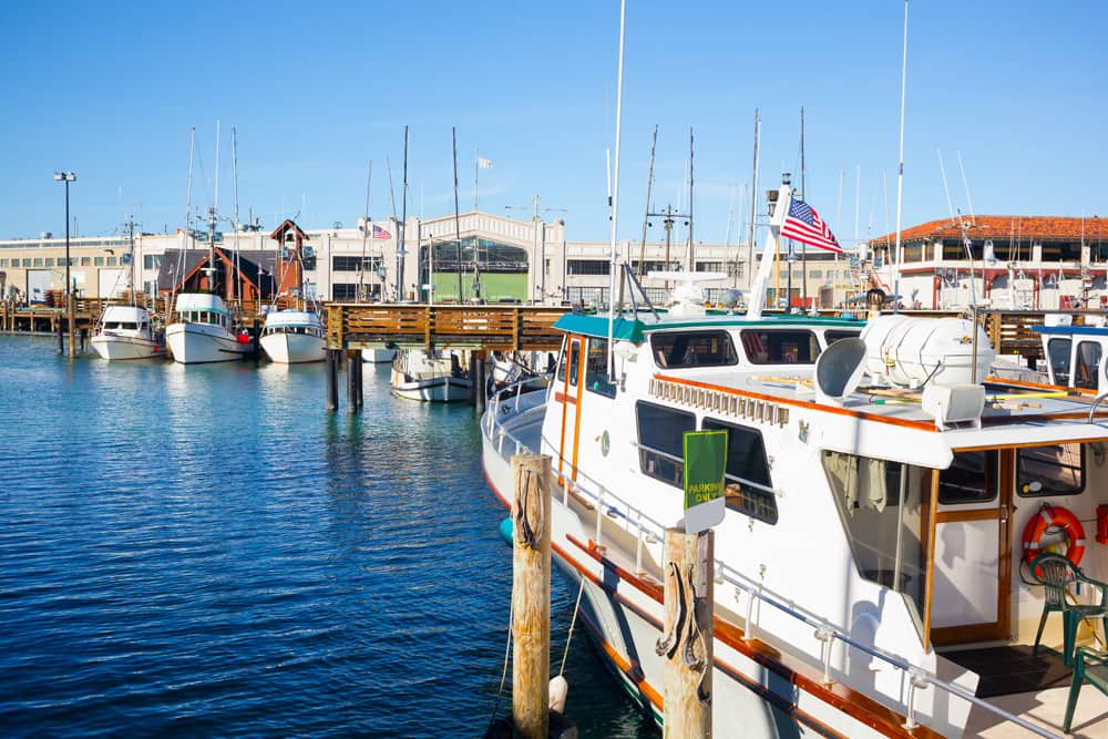 Several white boats docked in Fisherman's Wharf in San Francisco—a great place to stay during SF Street Food Festival.