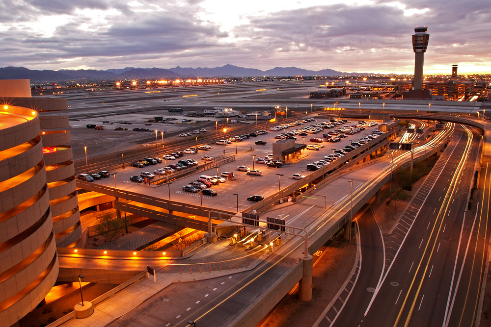 A rooftop parking structure at Phoenix Sky Harbor Airport, where you'll arrive when you travel to Phoenix for Spring Training.