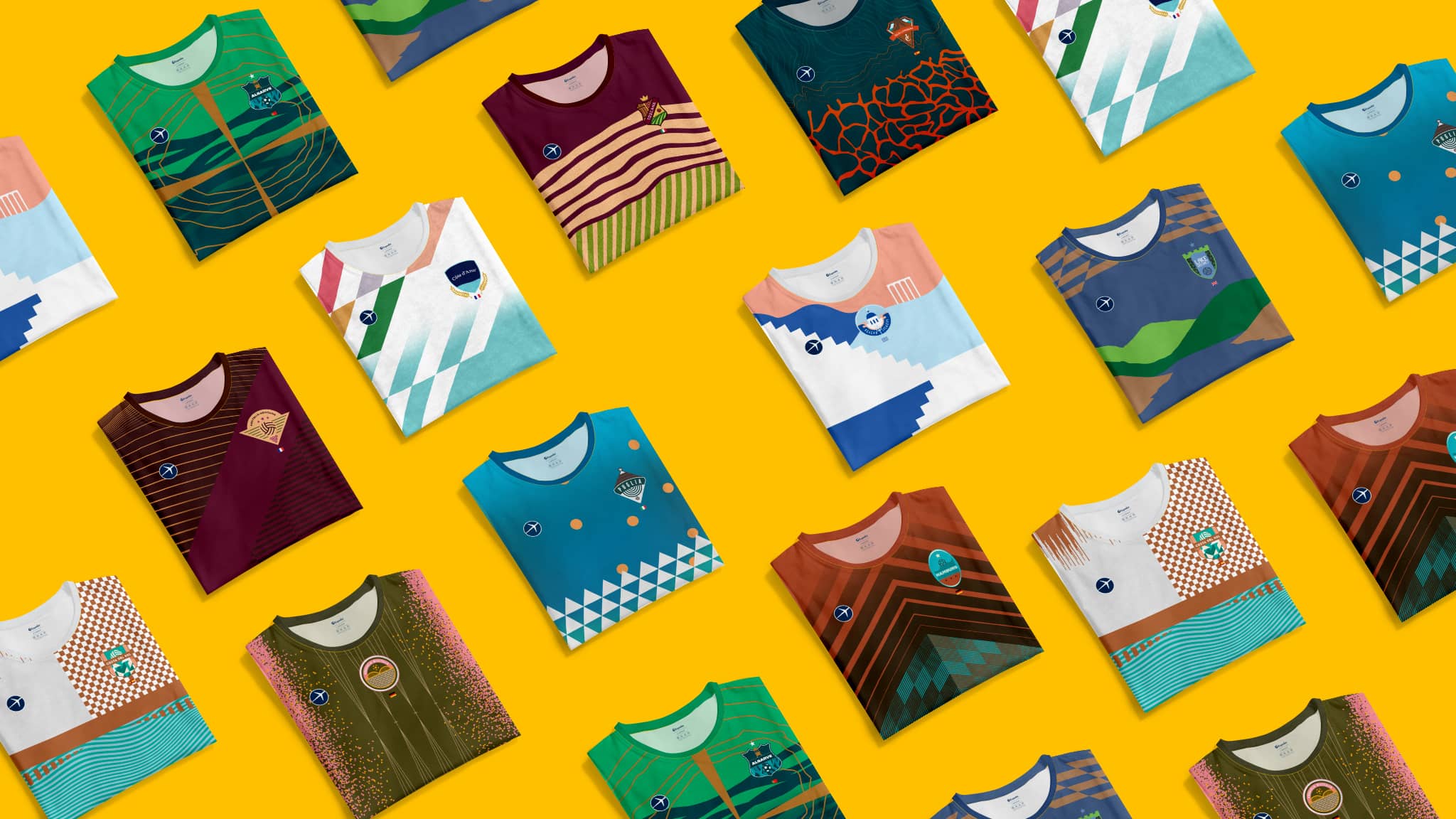 folded soccer jerseys on yellow background