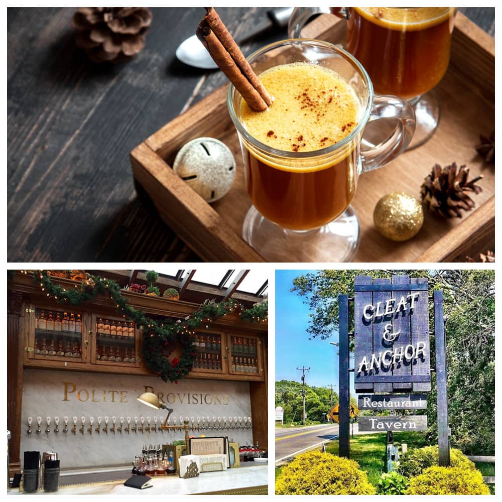 Hot buttered rum, the rustic sign at Cleat & Anchor in Dennis Port, Maine, and the vintage bar at Polite Provisions in San Diego