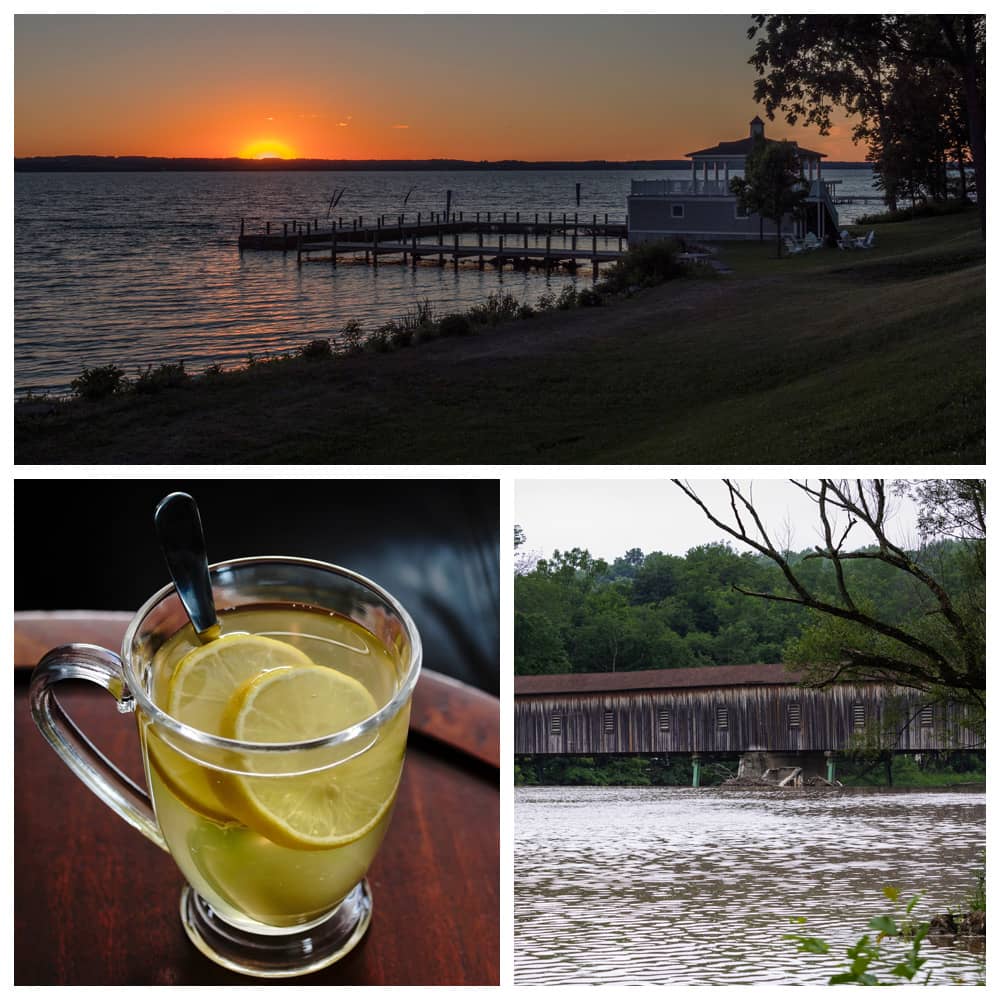 Steamy hot toddy, Cayuga Lake in Aurora, New York, and Harpersfield Covered Bridge in Geneva, Ohio