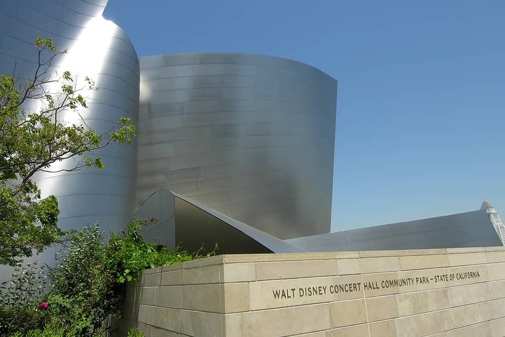 View of the architecture of the Walt Disney Concert Hall, which makes for the perfect date night in La. View of the Walt Disney Concert Hall, which is a great date idea in LA.
