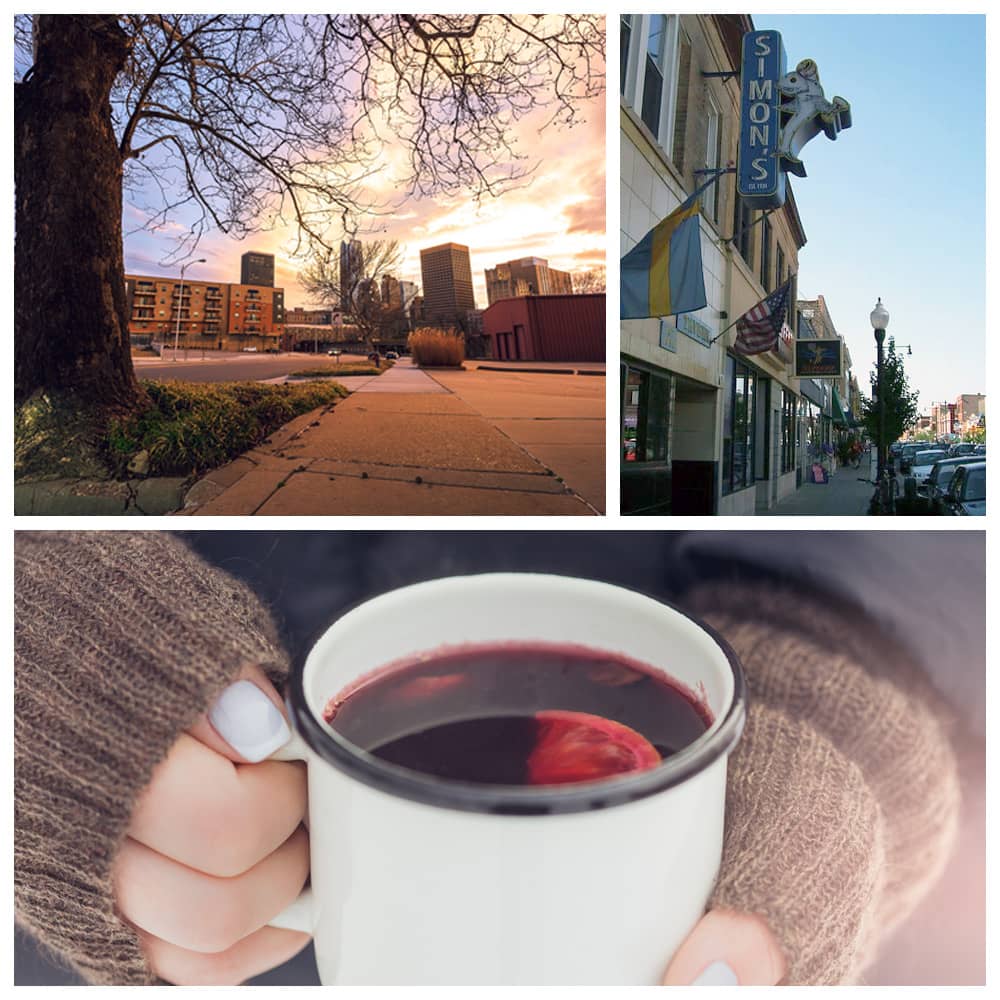 A mug of hot mulled wine, Oklahoma City in autumn, and the historical neon sign at Simon’s Tavern in Chicago