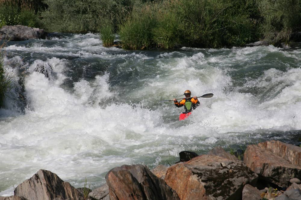 Kayaker paddling through the rapids on Rogue RIver—a fun thing to do during Oregon Shakespeare Festival.