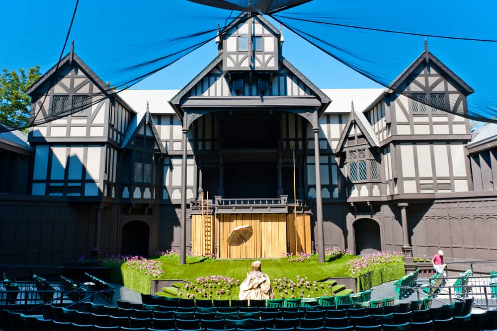 The outdoor stage at Allen Elizabethan Theatre during a sunny day at the Oregon Shakespeare Festival.
