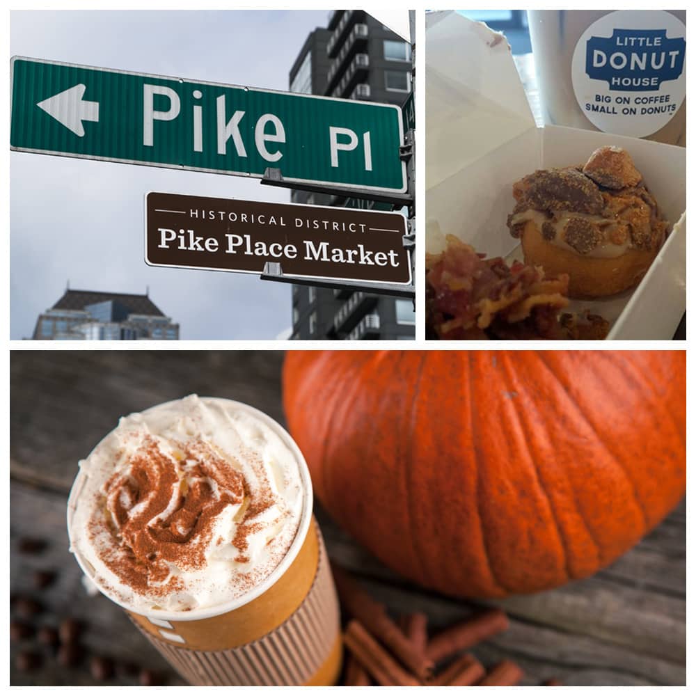 Street signs pointing to Pike Place Market in Seattle, Little Donut House treats in Tampa, and a pumpkin spice latte with whipped cream