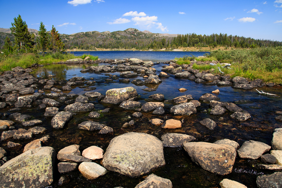 An alpine lake, Island Lake in the Bear Tooth Mountain range between Red Lodge and Cooke City Montana