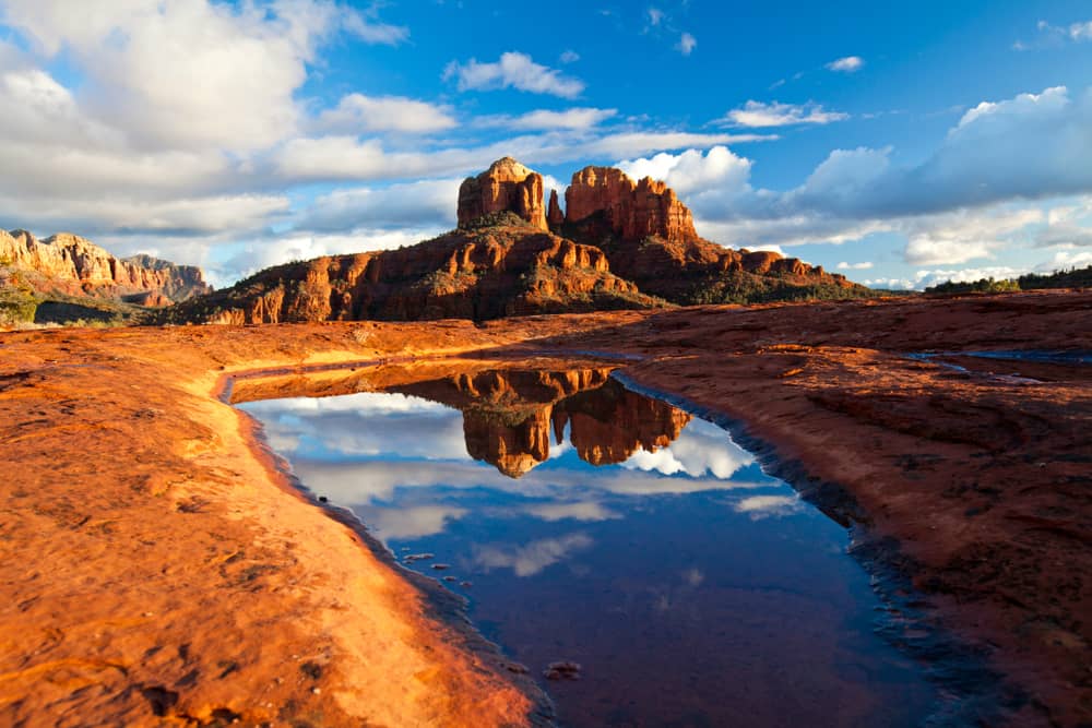 red rock mesas reflected in water in red rock state park sedona arizona