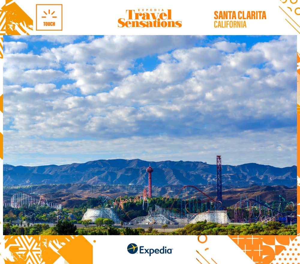 Six Flags Magic Mountain with Santa Clarita mountains in the background