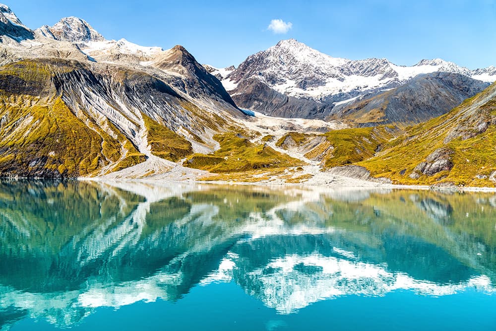 Turquoise mirrored make with glacier-covered mountains