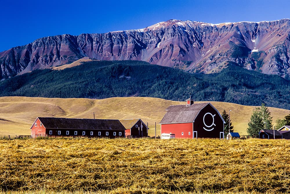 Classic red barn with impressive mountain backdrop