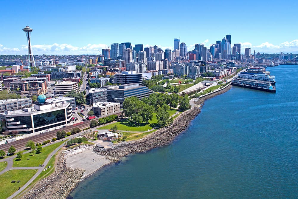 aerial view of Seattle skyline from the north west including bay waters