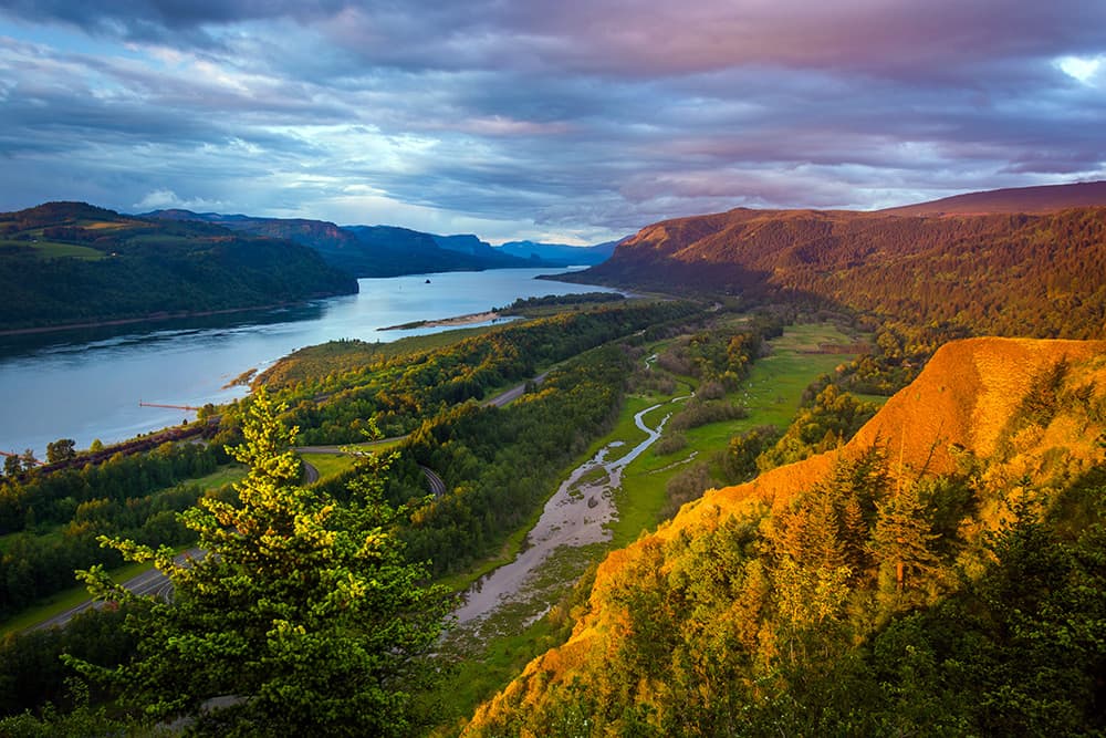 Aerial view of Columbia River Gorge at sunset in early fall