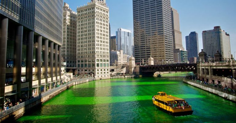 The green-dyed Chicago River flowing around the city during St. Patrick's Day in Chicago.