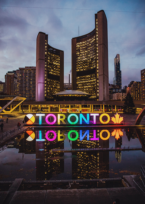 Colorful, illuminated downtown Toronto sign