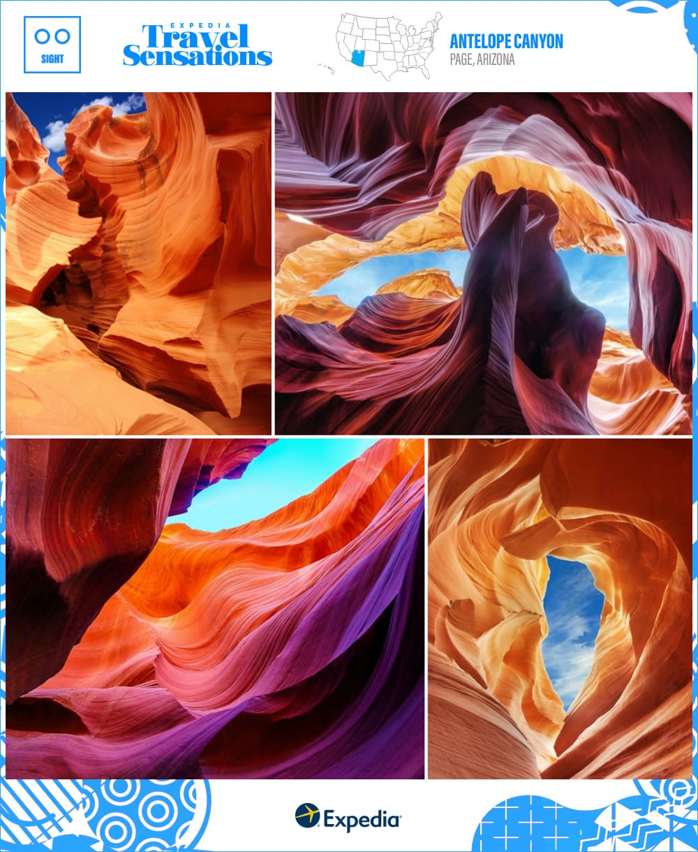 Colorful shades of wavy rock inside antelope canyon