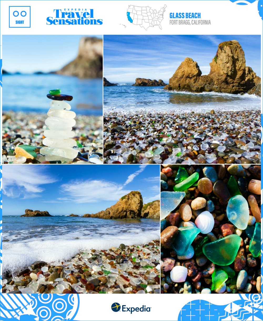 haystack rocks and smooth, colorful glass pebbles on Glass Beach, CA