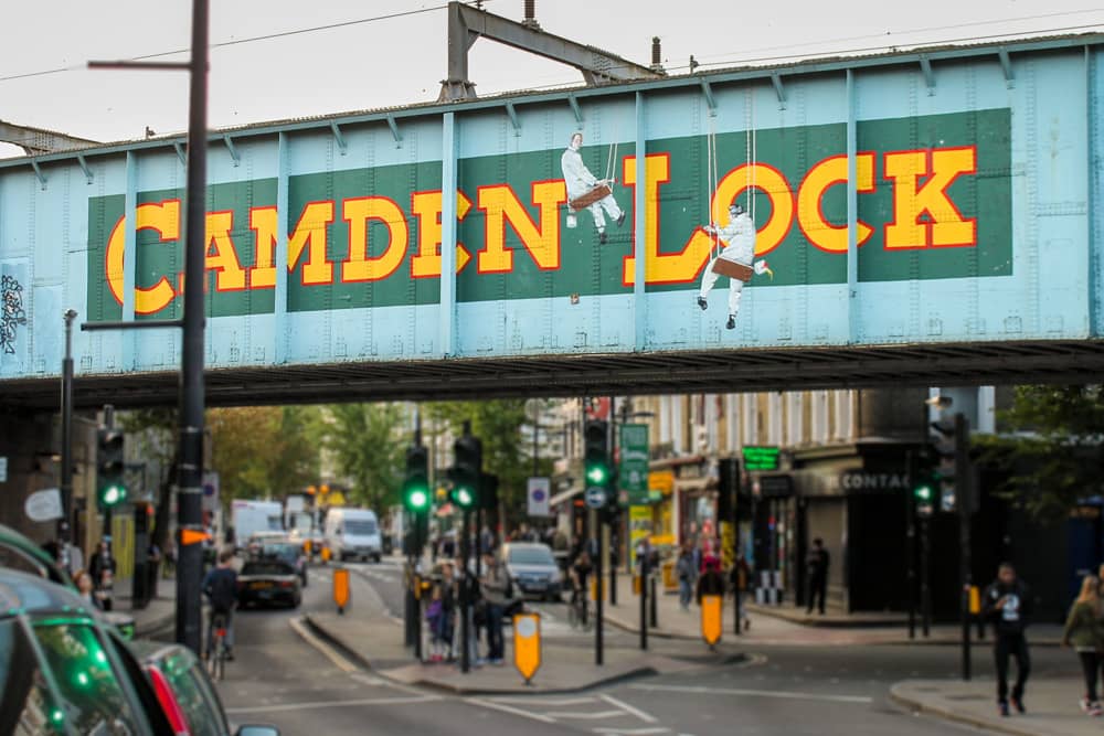 Road sign to Camden Market in Camden Town—staying in this neighborhood is a good London travel tip.