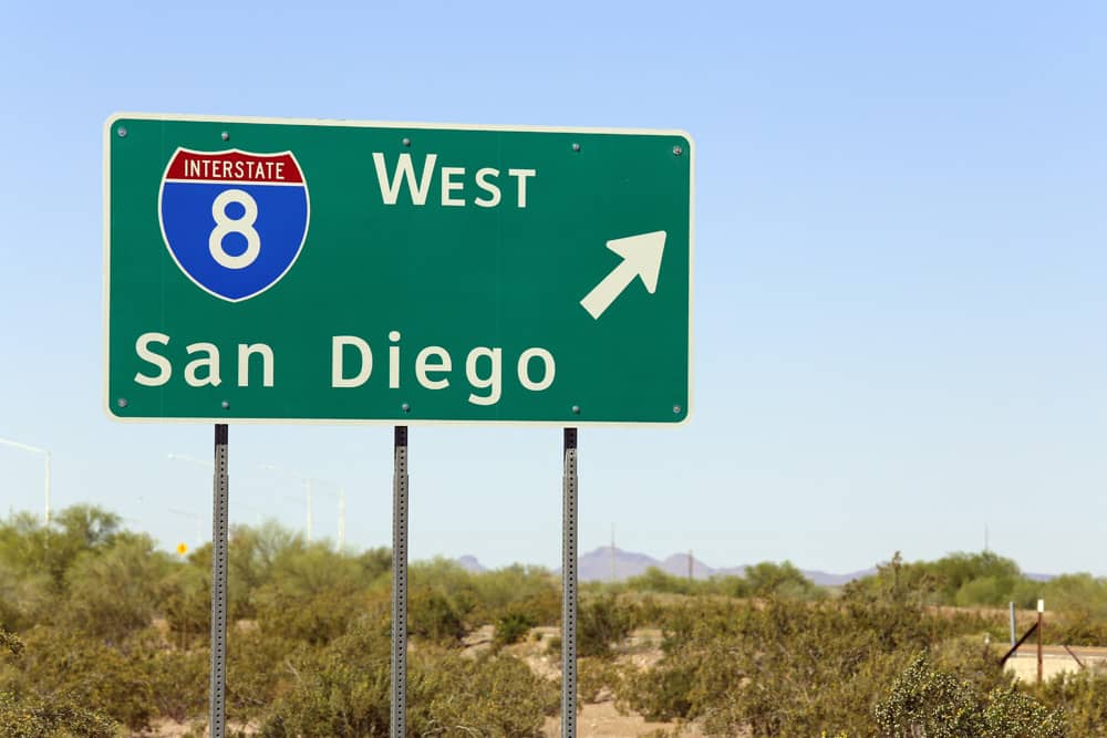 Road sign leading to San Diego, welcoming visitors