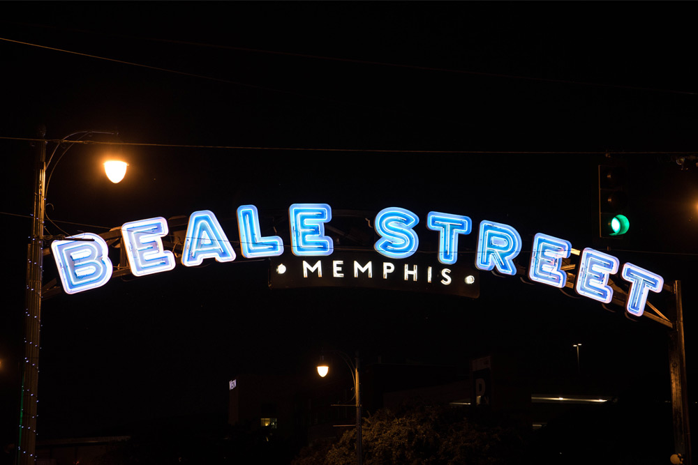 Lit up Beale Street sign, where you'll find what Memphis is known for: live music