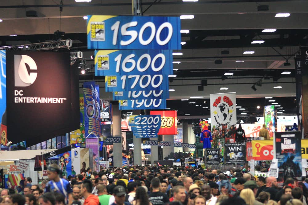 Thousands of people gathered under sponsor brand banners at the San Diego Convention Center during Comic-Com.