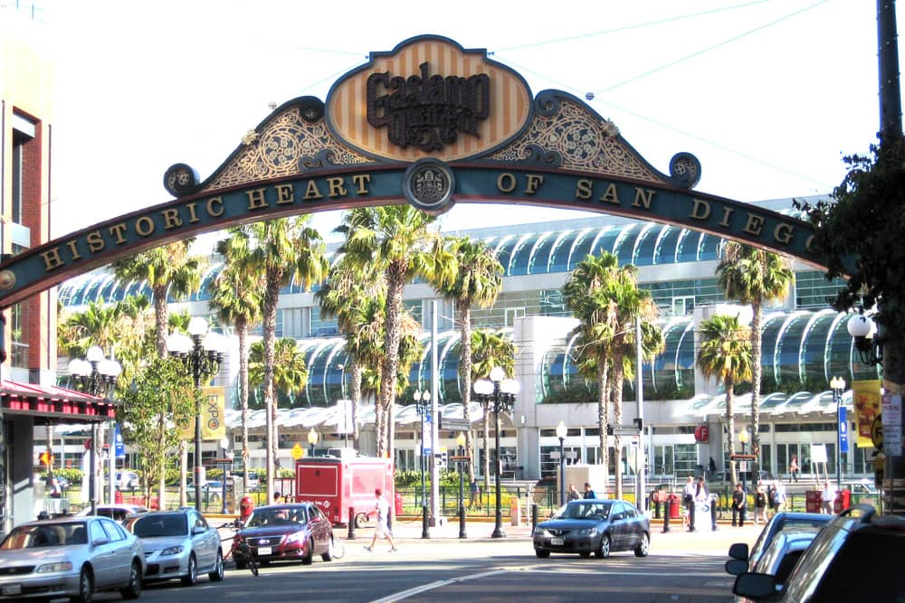 The ornate neighborhood sign for the Gaslamp Quarter: Historic Heart of San Diego, a great place to stay for San Diego Comic-Con